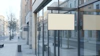 Blank signage mockup on modern glass storefront in urban commercial district with contemporary architecture and pedestrian walkway for branding display.