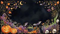 Spooky Halloween frame with jack-o-lanterns, cauldron, skulls, bats, moon, stars, and ornate botanical borders on dark background for seasonal designs.