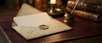 Vintage legal documents with wax seal on wooden desk surrounded by law books and brass scales creating authentic attorney office atmosphere for legal services.