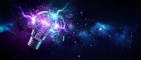 Glowing lightbulb exploding with vibrant purple and cyan energy particles on dark background, representing innovation, creativity, and breakthrough ideas for technology and business concepts.