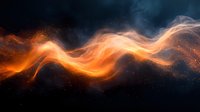 Glowing orange and blue smoke wave with sparkling particles flowing against dark background, abstract dynamic motion design for creative projects.