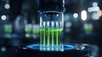 Glowing green liquid in scientific laboratory glass tube on illuminated platform against dark background with bokeh lights, research concept.
