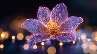 Purple flower with sparkling water droplets on petals against blurred bokeh lights background creating magical evening atmosphere for romantic designs.