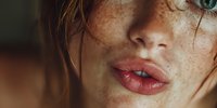 Close-up portrait of young Caucasian woman with natural freckles and wet hair showing authentic beauty and skincare concept for cosmetics advertising.