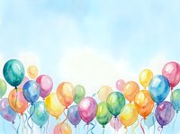 Watercolor party balloons in rainbow colors floating against soft blue sky background for celebration and festive event designs.