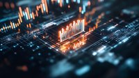 Glowing orange stock market candlestick charts and financial data visualization on dark background with selective focus and bokeh effect for trading concept.