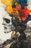 Artistic profile silhouette with skull features and vibrant floral elements emerging from head, blending dark tones with bright orange and yellow blooms against textured background.