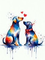 Two dogs in love with colorful watercolor splash effect and red hearts on white background for romantic pet designs and greeting cards.