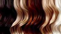 Wavy hair strands in different natural colors from dark brown to platinum blonde arranged in parallel rows showing hair color palette variations for beauty and fashion.