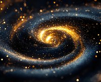 Luminous spiral galaxy with glowing golden and blue particles swirling in cosmic dance against dark space background, creating mesmerizing celestial formation.