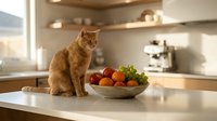 Ginger tabby cat sitting on kitchen counter next to bowl of fresh vegetables and fruits, modern home interior with natural light.