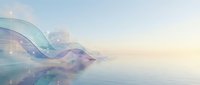 Abstract flowing waves in soft pastel colors with digital particles floating over calm water surface creating dreamy ethereal atmosphere for meditation.