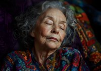 Senior Asian woman with gray curly hair wearing colorful floral pattern dress resting peacefully with eyes closed against dark background. Serene elderly portrait showing natural aging beauty.