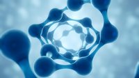 Abstract blue molecular structure with spherical elements creating tunnel effect for scientific research and biotechnology applications.