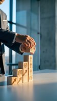 Businessman placing wooden blocks with target and arrow symbols in modern office, representing strategic planning and goal achievement in corporate environment.