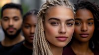 Diverse group portrait featuring young mixed-race woman with blonde braids in foreground, with two people of different ethnicities softly blurred in background. Natural makeup and lighting.