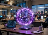 Glowing purple network sphere with connected nodes floating above laptop in modern office workspace representing global connectivity and digital transformation.