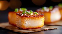 Golden seared scallop with herb garnish on wooden serving board, gourmet seafood dish for fine dining restaurant menu and culinary presentation.