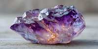 Raw amethyst crystal cluster with natural purple formations and golden inclusions on neutral background for healing and spiritual practices.