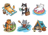 Orange tabby cat relaxing on beach towel with sunglasses and drink, black and white cat with luggage and travel gear, white cat floating on pink donut in water, orange cat hiking with backpack and map, gray cat kayaking with paddle, child camping in tent with lantern and supplies.