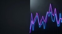Neon glowing line chart showing upward financial trend with purple and blue colors on dark background, suitable for business analytics and investment presentations.