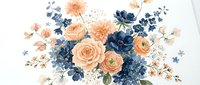 Watercolor floral arrangement with peach roses and navy blue flowers on white background for wedding invitations and romantic design projects.