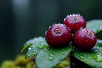 Fresh cranberries with water drops on green leaves, macro photography showing detailed texture and natural moisture in moody dark setting.