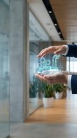Businessman hands protecting holographic industrial factory with gears and smokestacks in modern office environment for technology innovation concepts.