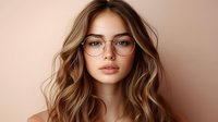 Young woman with wavy brown hair wearing stylish round glasses against soft pink background, perfect for beauty, fashion, or optical advertising.