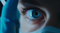 Close-up macro shot of bright blue human eye with long eyelashes in dramatic blue lighting, showing intricate iris details and reflection highlights.