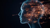Glowing digital wireframe profile with orange particles dispersing from neural network patterns against dark background, representing artificial intelligence and machine learning.