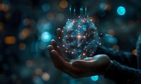 Futuristic glowing digital sphere with network connections floating above human hand, perfect for artificial intelligence and future technology concepts in dark blue tones.