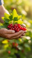 Farmer's hand holding fresh red currants with green leaves in sunlit garden, perfect for organic produce, agriculture, and harvest themes.