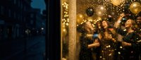 Warm golden light spills from cozy home window with festive decorations and bokeh lights creating magical holiday atmosphere during winter evening.