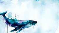 Watercolor whale with dripping paint effect on light blue background. Artistic marine mammal illustration for ocean-themed designs and wall art.