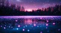 Magical night landscape with glowing heart-shaped lights floating over tranquil lake surface, purple aurora sky and starry forest silhouette background.