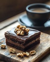 Rich chocolate layer cake slice topped with walnuts on rustic wooden board, served with coffee cup in background, moody lighting creates appetizing dessert scene.