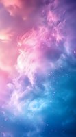 Mystical sky with ethereal clouds in pink and blue gradient colors, glowing particles floating through dreamy atmospheric smoke effect. For fantasy backgrounds.