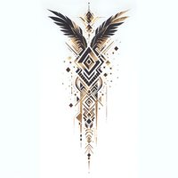 Geometric wings design with black and gold angular patterns forming vertical composition on white background, ready for tattoo art or graphic projects.