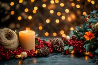 Glowing candle with pine cones, red berries and twine on dark background with bokeh lights creates cozy Christmas atmosphere for holiday decorating.