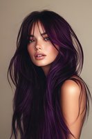 Young woman with long purple hair and natural makeup against neutral beige background, showcasing modern hair coloring trend for salon advertising.