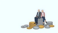 Senior couple sitting on stack of coins planning retirement savings and financial future together on white background.