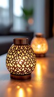 Decorative copper lanterns with intricate cutout pattern casting warm golden light and shadows on wooden surface. Cozy evening home atmosphere.