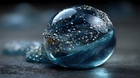Cosmic universe captured in glass marble with sparkling particles resembling stars and galaxies against dark background.
