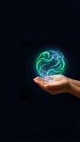 Hands holding glowing green and blue energy sphere with swirling patterns on dark background for spiritual wellness and healing concepts.