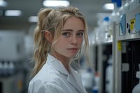 Young female scientist with blonde hair in ponytail wearing white lab coat working in modern research laboratory, looking thoughtfully at camera with professional demeanor.