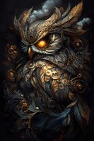 Mystical steampunk owl with glowing amber eye and mechanical gears, adorned with ornate metallic feathers and clockwork elements against dark background.