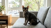 Adorable tortoiseshell kitten sitting on modern gray sofa in bright living room with large windows and natural light streaming in for pet adoption campaigns.