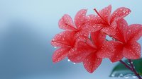 Delicate pink plumeria flowers covered in morning dew drops against soft blue background, creating dreamy tropical atmosphere for spa and wellness designs.