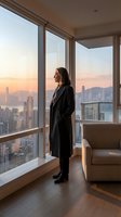 Professional businesswoman in dark coat standing by floor-to-ceiling windows overlooking city skyline at sunset from luxury high-rise apartment interior.